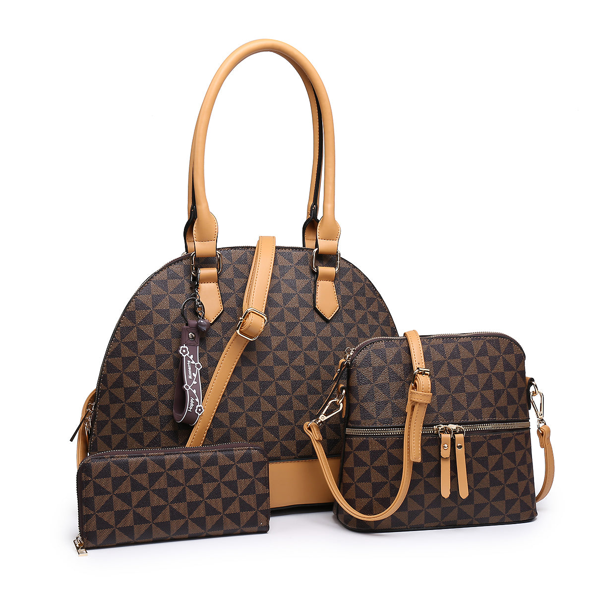 3-IN-1 DESIGNER INSPIRED DOME SATCHEL W/CROSSBODY BAG AND WALLET~TAN
