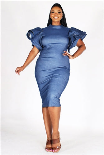 Denim Knit Tiered Sleeve Dress