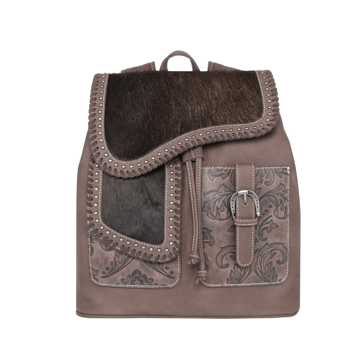TRINITY RANCH HAIR-ON COWHIDE SADDLE SHAPE COLLECTION BACKPACK~COFFEE