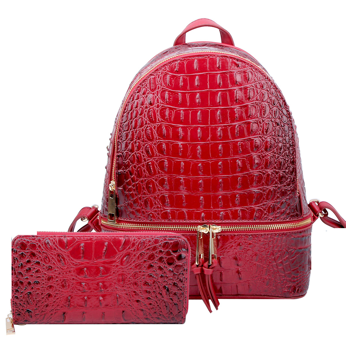 croc faux leather backpack with shoulder straps ALLIGATOR CROC 2-IN-1 FASHION BACKPACK W/MATCHING WALLET SET~RED – Shel's Closet