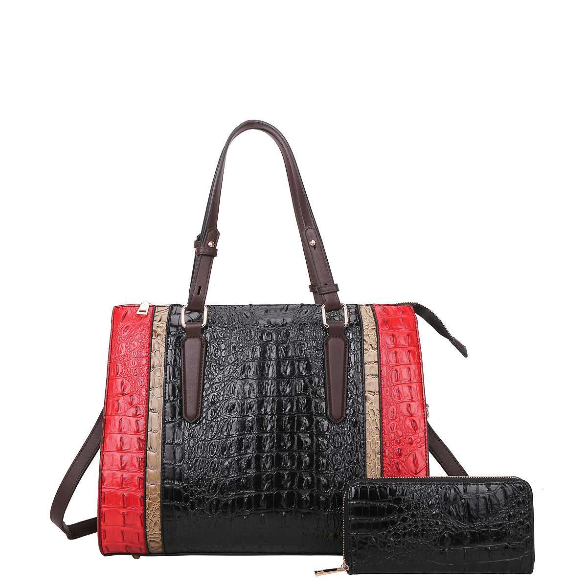 2-IN-1 ALLIGATOR CROC FASHION SATCHEL BAG W/WALLET~BLACK