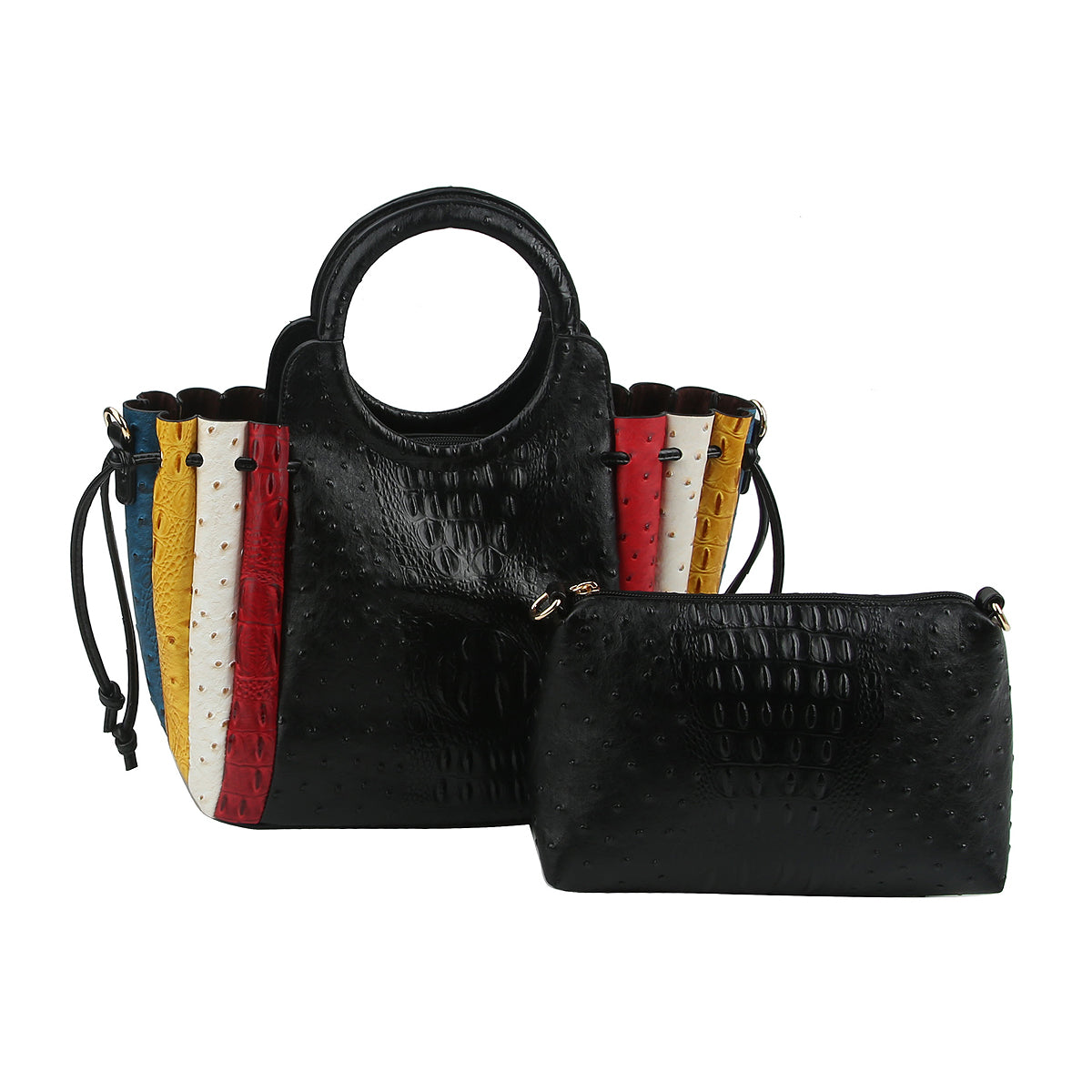 OSTRICH CROC PATCHWORK STRIPE 2-IN-1 SATCHEL~BLACK