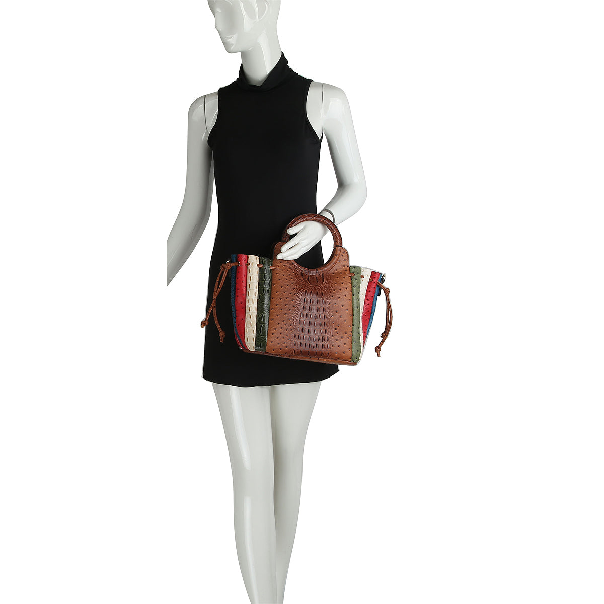 OSTRICH CROC PATCHWORK STRIPE 2-IN-1 SATCHEL~BLACK