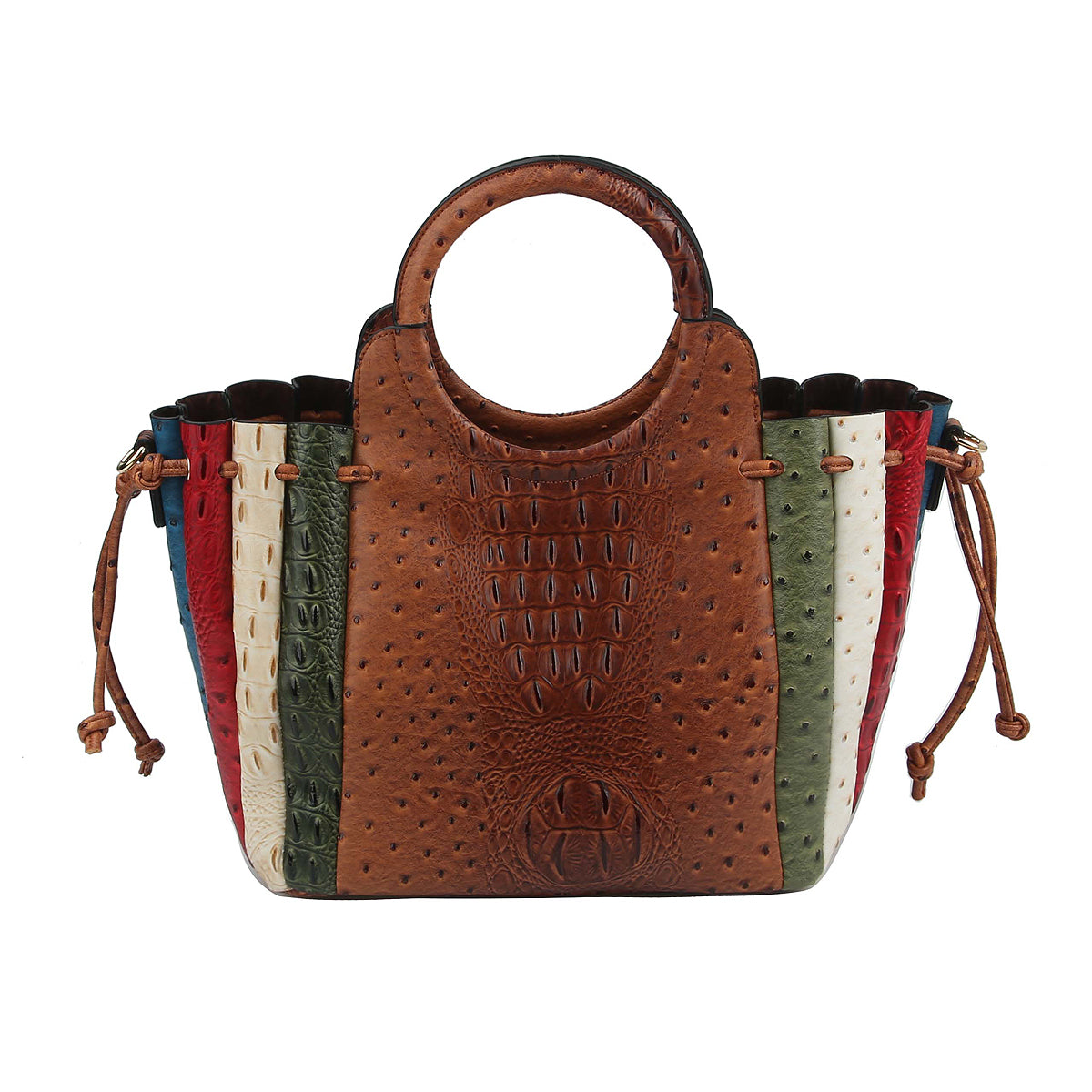 OSTRICH CROC PATCHWORK STRIPE 2-IN-1 SATCHEL~BLACK