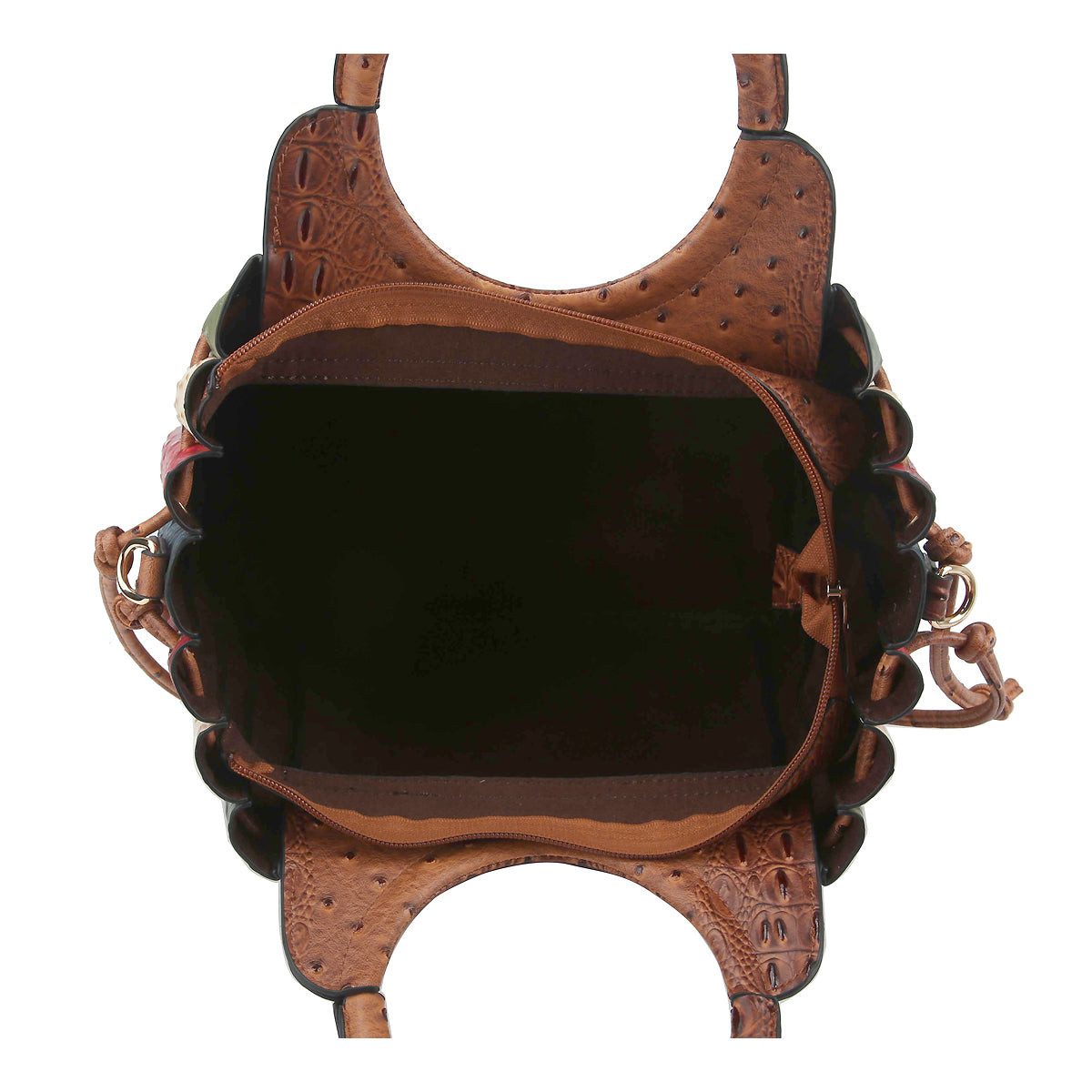 OSTRICH CROC PATCHWORK STRIPE 2-IN-1 SATCHEL~BLACK