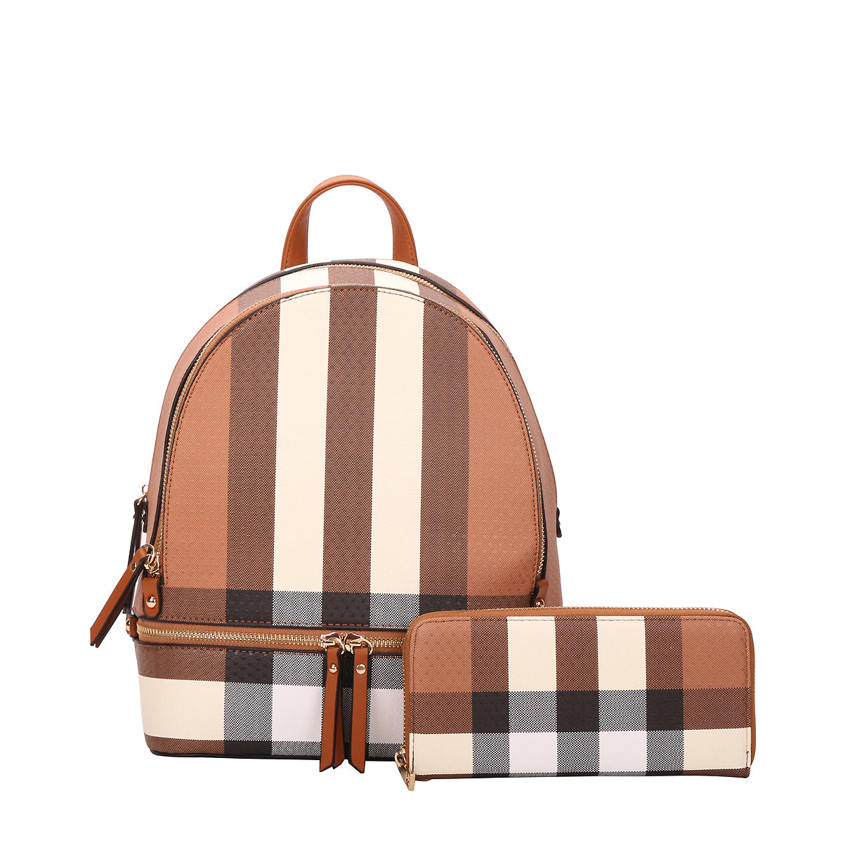 2-IN-1 FASHION PLAID PRINT BACKPACK WALLET SET~BROWN