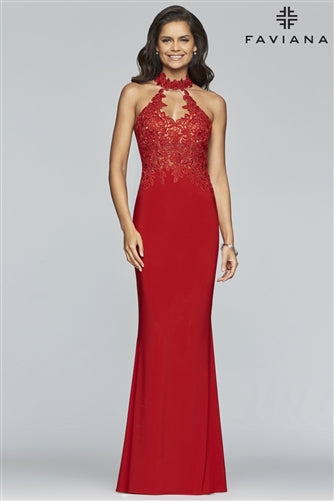 Lace Applique Jersey Halter Prom