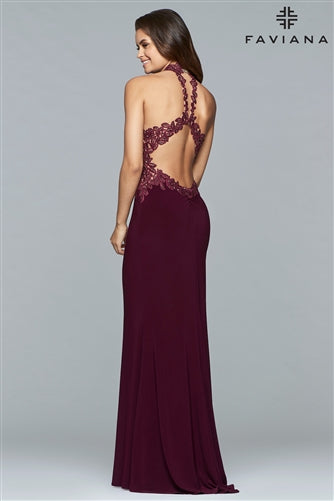 Lace Applique Jersey Halter Prom