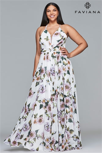 Faviana Floral Pleated Plus Size Prom