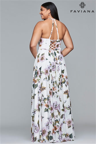 Faviana Floral Pleated Plus Size Prom
