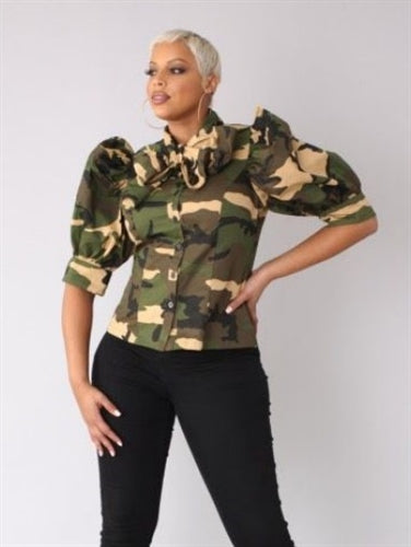 Camo Button Front Bow Top