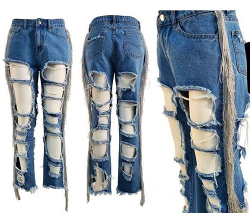 Chic Distressed Fringe Denim Pant