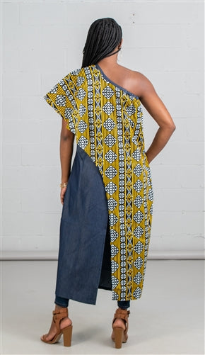 One-shoulder African Print Denim Tunic Duster (One Size)
