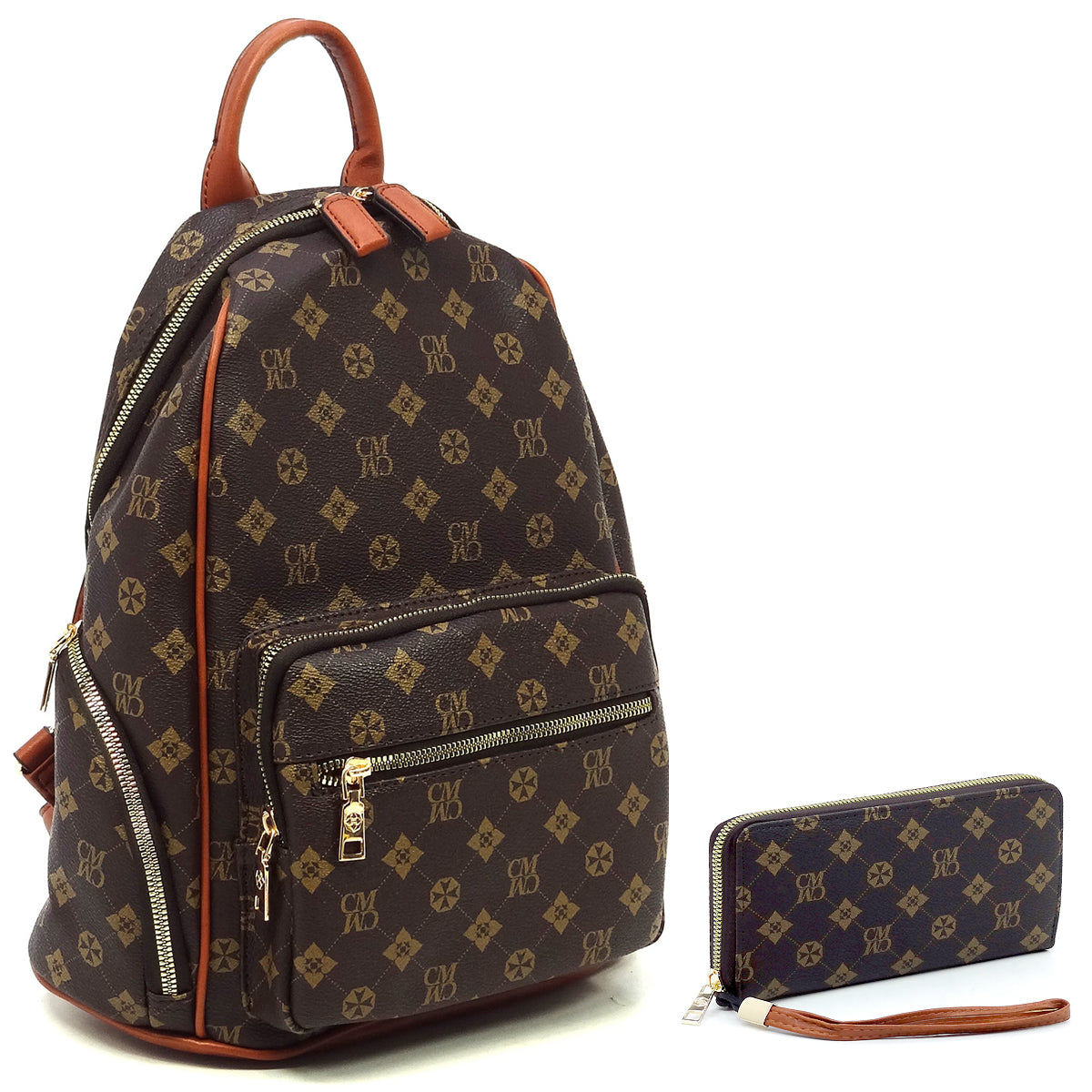 2-IN-1 DESIGNER INSPIRED BACKPACK WALLET SET~BROWN