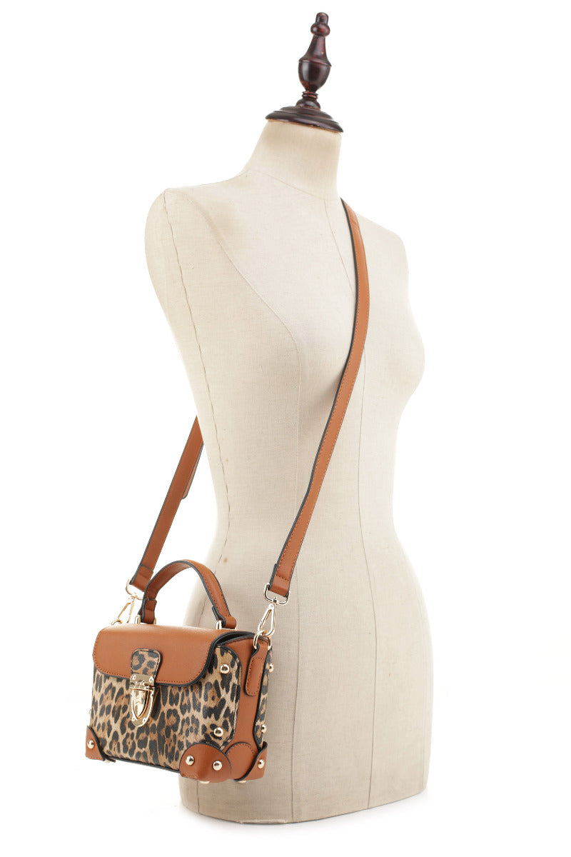 LEOPARD COLORBLOCK CROSSBODY BAG~BROWN