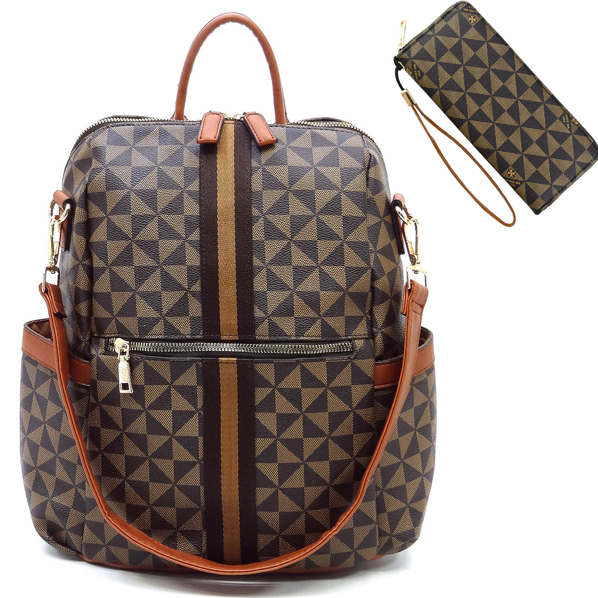 2-IN-1 DESIGNER INSPIRED CONVERTIBLE BACKPACK WALLET SET~BROWN