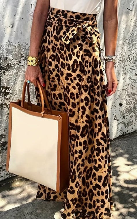 Women's Leopard Print High Rise Pleated Maxi w Belt