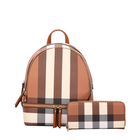 2-IN-1 FASHION PLAID PRINT BACKPACK WALLET SET~BROWN