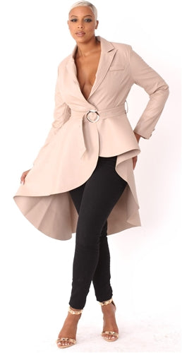 Classy Belted Faux Leather High-low Jacket