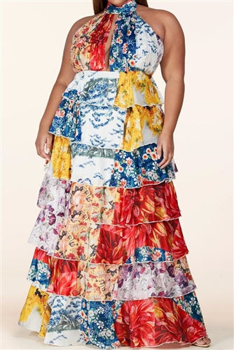 Print Tiered Halter Plus Size Maxi Dress